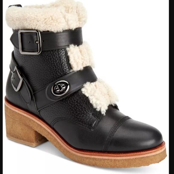 COACH Preston Boots turn lock ankle Shearling Moto heel strappy edgy 5.5 black - Picture 1 of 10